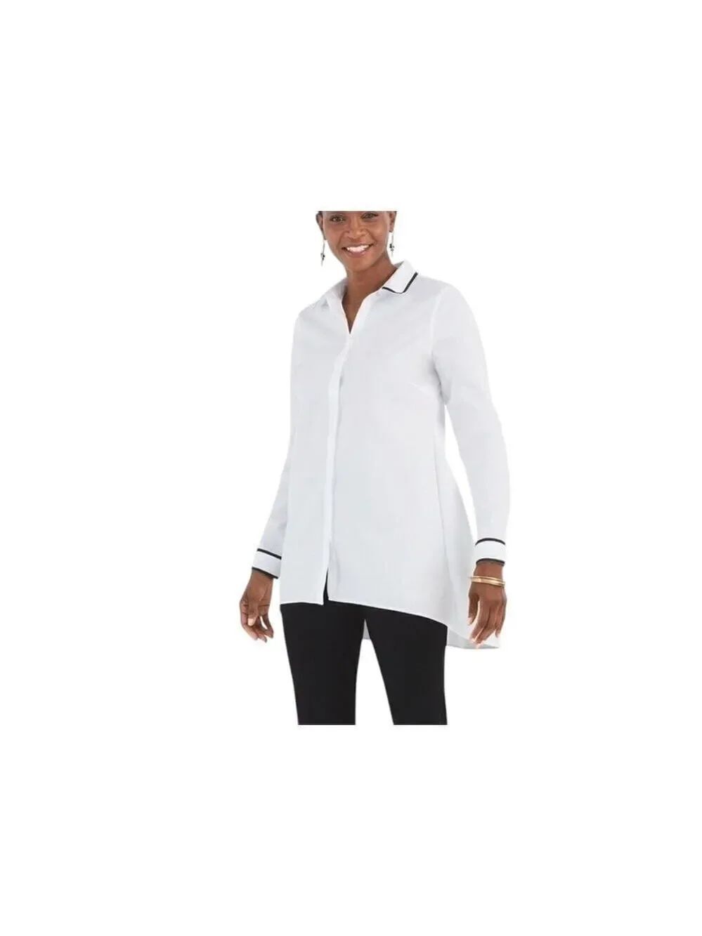 Chico's White/Black Button Up No Iron Contrast Trim Tunic Blouse Size US 4-6P
